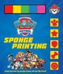 Texte: "PAW PATROL", "SPONGE PRINTING". Farbige Boxen oben, Hundemotive rechts und unten. Illustration von fröhlichen Hunden.