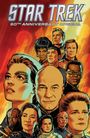 Oben "STAR TREK", unten "NOT FINAL COVER". Illustration mit Figuren aus Star Trek vor einem bunten Weltraumhintergrund.