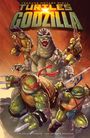 Text: "Teenage Mutant Ninja Turtles Godzilla". Illustration: Ninja Turtles und Godzilla in Aktion.