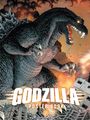 Text: "Godzilla Poster Book". Illustration von Godzilla in zerstörerischer Szene mit Rauch und Flammen im Hintergrund.