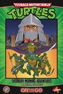 Text: "Teenage Mutant Ninja Turtles", "Saturday Morning Adventures". Illustrativ: Schildkröten kämpfen. Gegner im Hintergrund.