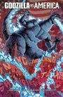 "Godzilla vs America" oben, darunter Städte wie Portland und Texas. Illustration von Godzilla, der Gebäude zerstört.