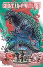 „Godzilla vs Portland“ steht oben im Bild. Es zeigt eine Illustration von Godzilla in einer Stadt mit Blumen und Gebäuden.