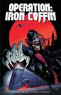 "OPERATION: IRON COFFIN" in großen Buchstaben mit einem Vampir, der seine Krallen zeigt, vor einem roten Mond und einem Zug.
