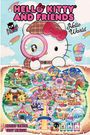 "HELLO KITTY AND FRIENDS", "Hello World", "MARIKO TAMAKI", "CODY LEMIEUX". Illustration: Hello Kitty mit Lupe, Karte mit Freunden.