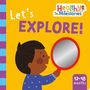 Text: "Let's EXPLORE!", "Healthy Milestones", "12-18 months". Illustration eines Kindes mit Spiegel auf gelbem Hintergrund.