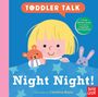 „Night Night!“ Ein Kind mit Kuscheltieren unter einer Decke mit Sternenmotiv. Illustration von Carolina Búzio.