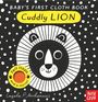 „BABY'S FIRST CLOTH BOOK, Cuddly LION, Felt flaps and a mirror“. Illustration eines Löwen mit Punkten auf schwarzem Hintergrund.