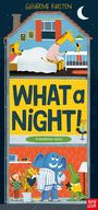 Text: "WHAT a NIGHT! A bedtime story". Tiere in einem Haus: Eine Giraffe, ein Elefant, Krokodil, Affe und Tiger. Mond am Himmel.