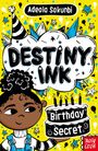 "Destiny Ink: Birthday Secret" von Adeola Sokunbi. Illustration eines Kindes mit Partyhut, bunter Hintergrund, Kuchen mit Kerzen. 