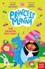 Text: "Written by Kirsty Applebaum", "Illustrated by Sahar Haghgoo", "Princess Minna", "The Dragon Egg Hunt". Illustration: Bunte Szenen mit Prinzessin und Drache.