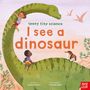 Titel: "I see a dinosaur". Zwei Kinder klettern auf einem grünen Dinosaurier. Ein Hund und fliegende Dinos im Hintergrund.