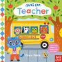 "SUKI CAT Teacher" zeigt einen Cartoon-Katzenlehrer vor einem Schulbus mit Tierkindern, bunten Farben und Baum.