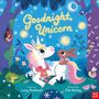 "Goodnight, Unicorn" oben in gelber Schrift. Illustration: Ein Einhorn mit Regenbogenmähne, umgeben von freundlichen Tieren im Wald.