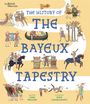 Text: "The History of the Bayeux Tapestry". Illustration mit mittelalterlichen Szenen, Figuren und Mustern.