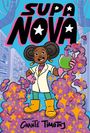 „SUPA NOVA“ in großen Buchstaben. Ein Mädchen im weißen Kittel mit Flasche. Farbenfroh, Laborumgebung, rosa Rauch und Sterne.