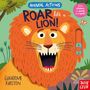 Ein Löwe mit offenem Maul, umgeben von Pflanzen. Texte: "ANIMAL ACTIONS", "ROAR like a LION!", "With sliders to push and pull!" und "Guilherme Karsten".