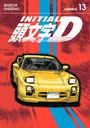 "INITIAL D", "SHUICHI SHIGENO", "OMNIBUS 13". Gelbes Auto vor rot-blauem Hintergrund; dynamisch und sportlich.