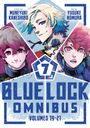 "Story by Muneyuki Kaneshiro, Art by Yusuke Nomura, Blue Lock Omnibus Volumes 19-21." Illustration mit drei Figuren.