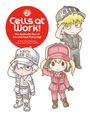 "Cells at Work! The Dastardly Duo of Flu and Food Poisoning!" Drei niedliche Figuren salutieren.