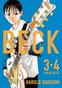 „BECK 3•4 Omnibus Harold Sakuishi” in Orange. Junge mit Gitarre auf blauem Hintergrund.