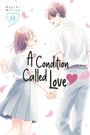 „A Condition Called Love“. Ein lächelndes Paar hält sich an den Händen. Illustration mit rosa Blütenblättern.