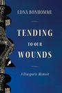 EDNA BONHOMME, TENDING TO OUR WOUNDS, A Diasporic Memoir. Abstraktes, ethnisches Muster am linken Rand auf blauem Hintergrund.