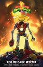 Oben: "Mighty Morphin Power Rangers" Logo, darunter "Rise of Dark Specter". Ein Robotermonster auf einem Helmberg.