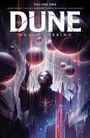 „Volume One“, „DUNE“, „House Corrino“. Ein Mann erhebt Hände, umgeben von schweben Kugeln, in futuristischer Umgebung.