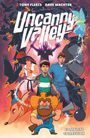 Text: "UNCANNY VALLEY", "TONY FLEECS", "DAVE WACHTER", "COMPLETE COLLECTION". Illustration: Bunte Charaktere, ein mystisches Wesen, Krähen.