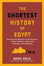 "The Shortest History of Egypt" von Maria Golia. Illustration: Pyramiden, zwei Kamele und eine Figur auf rotem Hintergrund.