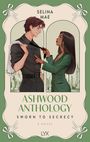 Text: "Selina Mae", "Ashwood Anthology", "Sworn to Secrecy", "A Novel", "LYX".  
Illustration: Ein Mann und eine Frau vor einer Stadtsilhouette.