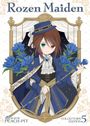 "Rozen Maiden", Illustration einer Figur mit verschiedenfarbigen Augen, in blauer Kleidung, umgeben von blauen Blumen.