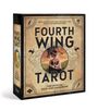 "Fourth Wing Tarot: The Official Deck and Guidebook." Ein Karton zeigt eine Frau mit Drachenmotiv, umgeben von Wolken und Drachen.