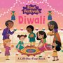 "First Festivals: Diwali" steht oben. Kinder in bunter Kleidung feiern, mit Lichtern und Dekoration. Eine Illustration.