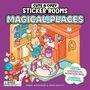Text: Cute & Cozy Sticker Rooms, Magical Places. Illustration mit Katze, Einhörnern und bunten Objekten.