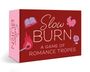 „Slow Burn: A Game of Romance Tropes“. Illustrationen: Herz, Buch, Rose und brennende Streichholzflamme.