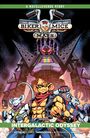 „Biker Mice from Mars“, „Intergalactic Odyssey“. Drei muskulöse, humanoide Mäuse vor einem riesigen Roboter. Comic-Stil.