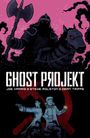 „GHOST PROJEKT“ oben. Zwei bewaffnete Figuren vor rotem Hammer und Sichel. Knight auf Pferd mit roten Augen.