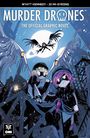 Texte: "Murder Drones", "The Official Graphic Novel". Zwei stilisierte Figuren mit Flügeln und Glühaugen, bedrohliche Umgebung.