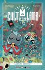 „Cult of the Lamb“: Illustration mit tierähnlicher Figur und Skelett in bunter Blumenwiese vor einem Baum.