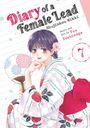 „Diary of a Female Lead“ und „Shujinkou Nikki“. Eine Frau im Kimono hält einen Fächer.
