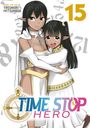 "15", "TIME STOP HERO", zwei Figuren in weißen Gewändern, Uhr-Design unten.
