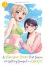 „A Yuri Love Story That Begins with Getting Dumped in a Dream“. Zwei junge Frauen in Badekleidung, fröhlich am Pool.