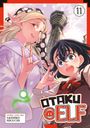 „Otaku Elf“, Story und Art von Akihiko Higuchi, Band 11. Illustration mit zwei Anime-Charakteren vor einem Turm.