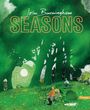 "John Burningham SEASONS" in kräftigen Buchstaben, grüne Illustration mit Radfahrer und Hund auf einer Wiese.