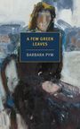 Text: "A Few Green Leaves" und "Barbara Pym" auf einem zentralen Buchcover. Hintergrund: Ölgemälde einer Frau.