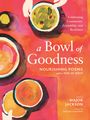 „A Bowl of Goodness: Nourishing Poems“. Rote Illustration mit bunten Suppenschüsseln und Händen.