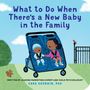 "What to Do When There’s a New Baby in the Family. Zwei Kinder im Doppelkinderwagen, Hintergrund mit Baum und Eichhörnchen."