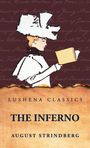 "Lushena Classics: The Inferno, August Strindberg". Illustration einer Person im weißen Kleid mit großem Hut, ein Buch lesend.